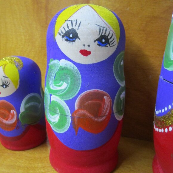 Russian nesting dolls beautiful purple hand painted red  gold crown 6 piece - Picture 10 of 11